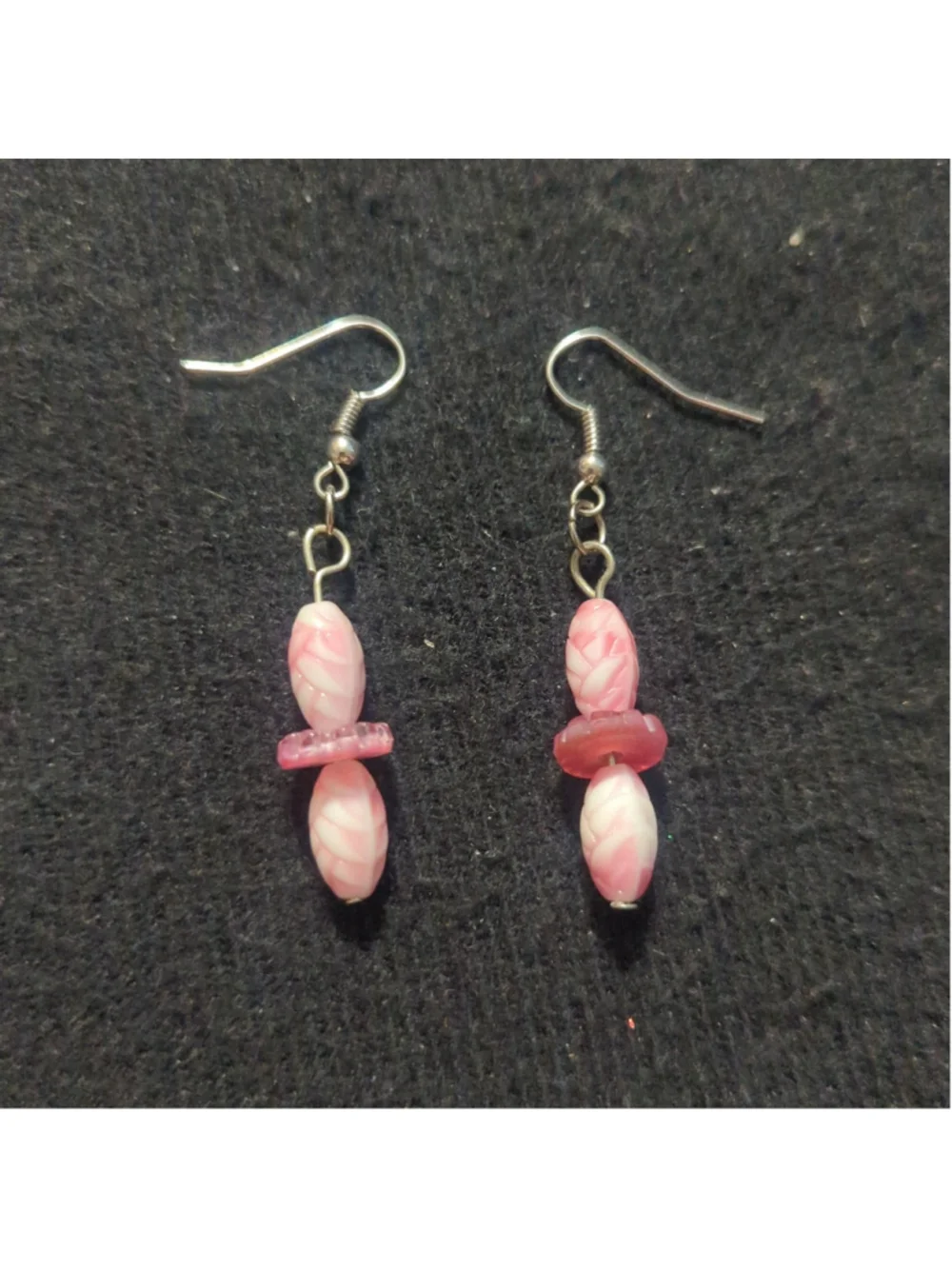 Silver Tone Pink and White Glass Beaded Dangle Statement Earrings